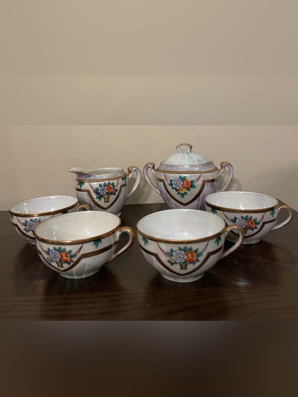 Noritake Lusterware Tea Coffee Set Iridescent Floral Gold Sugar Creamer Cups 6pc